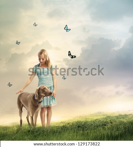 Young Blonde Girl with her Dog on a Magical Mountain Young Blonde Girl with her Dog on a Magical Mountain