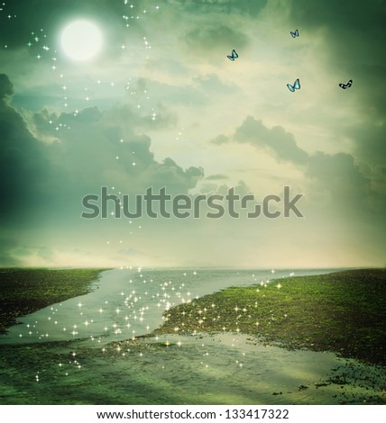Small butterflies and moon in fantasy landscape