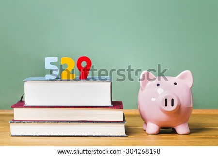 529 college savings plan theme with textbooks and piggy bank and green chalkboard background