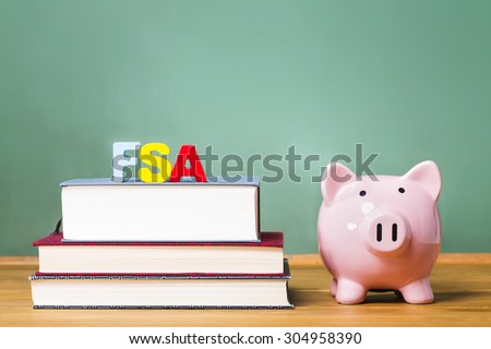 Federal Student Aid theme with textbooks and piggy bank and chalkboard background