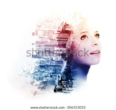 Double exposure of young woman with metropolis and dogwood flowers