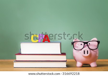 Certified Public Accountant theme with pink piggy bank with chalkboard in the background as concept image of the costs of education