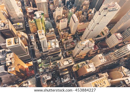 Aerial view of Midtown Manhattan at sunset with a view of St Patrick\'s Cathedral