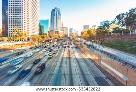 View of Los Angeles highway rush hour traffic in Downtown LA