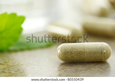 Close up of herbal medicine in capsules