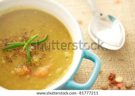 Lentil soup in blue pot