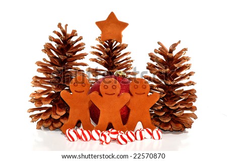 Christmas Decorations with Pine Cones, Gingerbread Men and Peppermint Candies