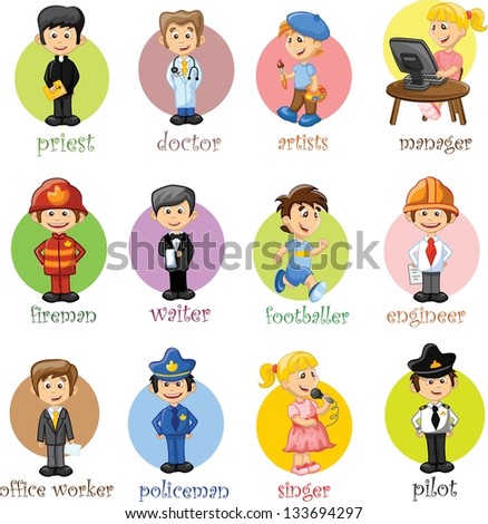 Cartoon characters manager, chef,policeman, waiter, singer, doctor and other
