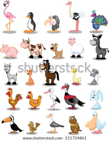 Set of cute cartoon animals and birds Set of cute cartoon animals and birds