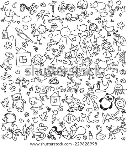 Children\'s  drawings of doodle animals, people, flowers