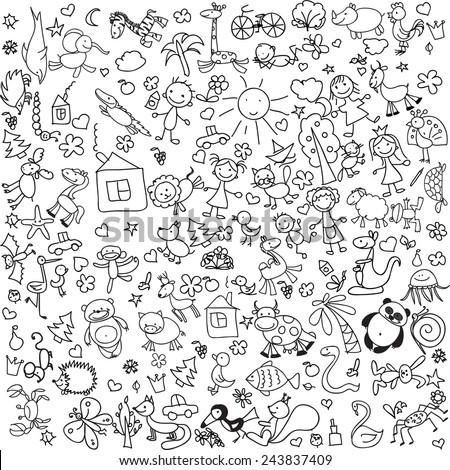 Children\'s drawings of doodle animals, people, flowers