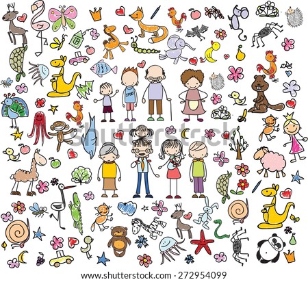 Children\'s drawings of doodle family, animals, people, flowers