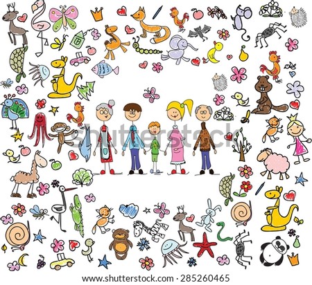 Children\'s drawings of doodle family, animals, people, flowers