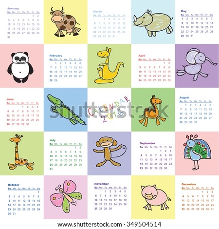 Calendar 2016. Cute Doodle Animals For Every Month. Vector. Isolated