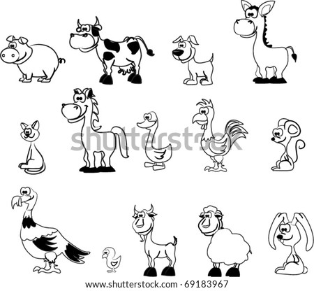 set of animals pets on the farm , cow, goat, horse, pig coloring