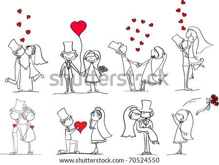 stock vector : set of wedding pictures, bride and groom in love, the vector