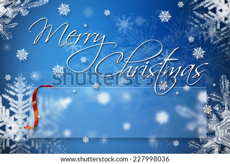 Merry Christmas greeting card 2015, with empty text box for your greetings and congratulations. Cold tones and frosted glass with red ribbon