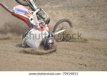 SAMARA, RUSSIA - APRIL 17: An unidentified rider crashes during the Samara Motocross Regional Championship on April 17, 2010 in Samara, Russia.