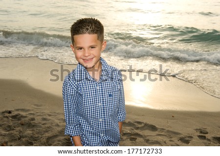 Adorable little brunette boy smiling at the beach