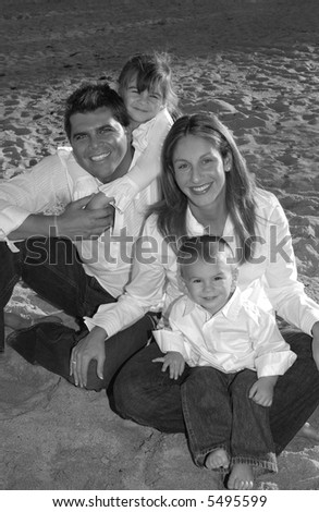 Family of Four at the Beach Black and White