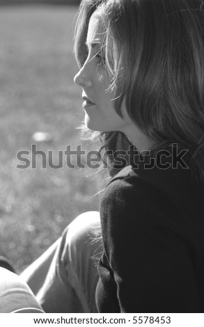 Beautiful Brunette Young Woman Profile Black and White
