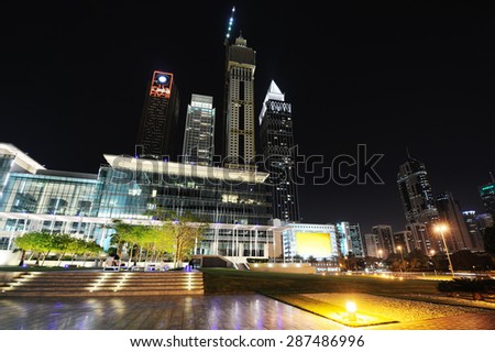 Skyscrapers of Dubai World Trade center at night.