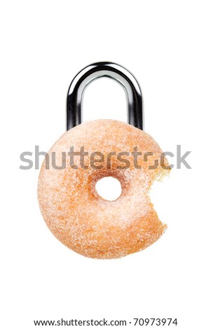Sugar Ring Donut with Bite Missing as Padlock Diet Concept Image Isolated on a White Background