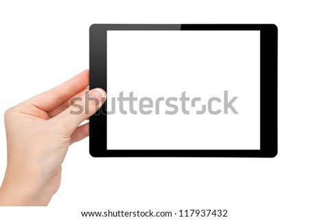 woman hand hold a mini tablet touch pad computer gadget with isolated screen