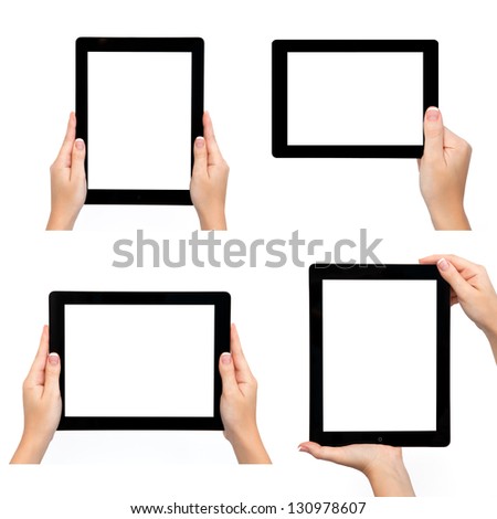 Isolated female hand holding tablet computer in different ways