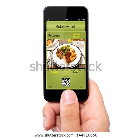 Isolated Man Hand Holding The Phone Touch With A Mobile Wallet And Ticket Discount In Restaurant