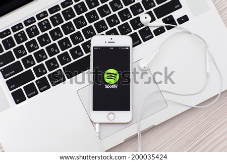 Simferopol, Russia - June 22, 2014: Spotify Swedish music service that offers legal streaming music. Was launched in October 2008.