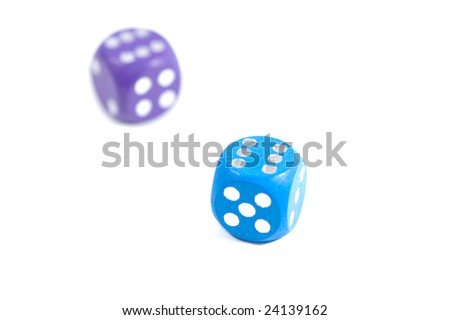 Two dices with six dots on white background. Shallow DOF