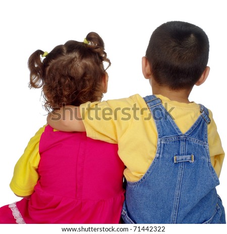 kids sitting side by side, boy with arm around girl, isolated on pure white background