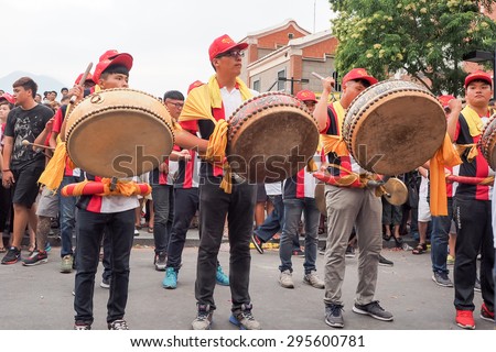 TAMSUI,TAIWAN- June 21:The folk-custom acrobatics in the temple fair of township on June 21,2015 in Tamsui,Taipei,Taiwan. The fair held annually for honor of the Ching-Shui Master.