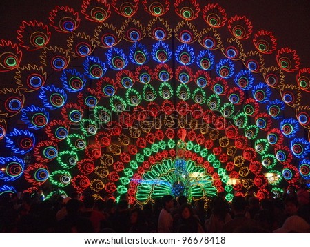 MIAOLI, TAIWAN - FEBRUARY 18: A novel Chinese peacock lanterns light up the night sky for the Lantern Festival, known as Yuanxiao Festival, on February 18, 2011 in Miaoli, Taiwan.