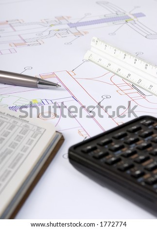 Engineering Drawings and tools on a table