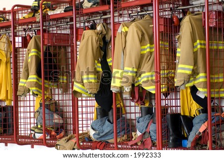 Fireman coats and boots wait for the next call