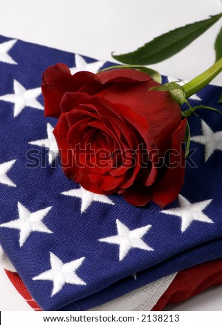 A lone red rose laying on top of a folded American flag. My hero.