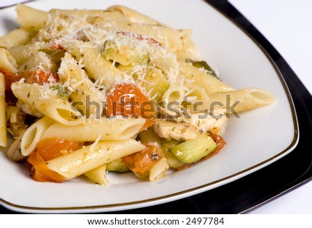 Fresh pasta with chicken, zucchini, tomatoes and fresh grated cheese...and of course lots of olive oil........