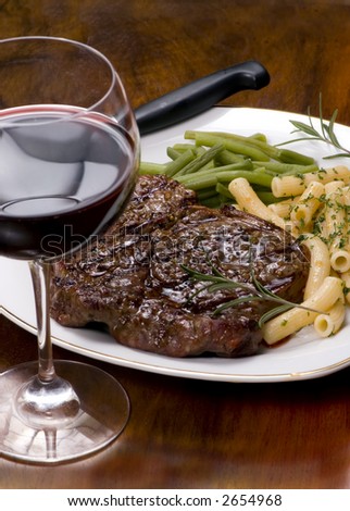 A juicy Rib Eye steak dinner with red wine