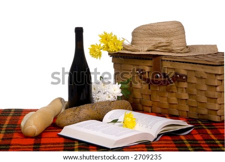 A picnic basket with wine and bread and a good book. Isolated on white.