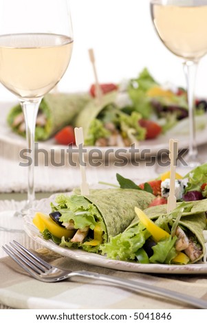 A appetizing chicken wrap with lots of vegetables and a side salad.