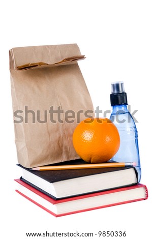 A brown bag school lunch, with fruit and water