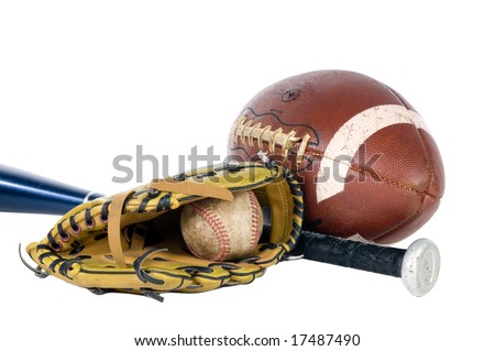 A well used football, baseball and bat. Isolated on white.