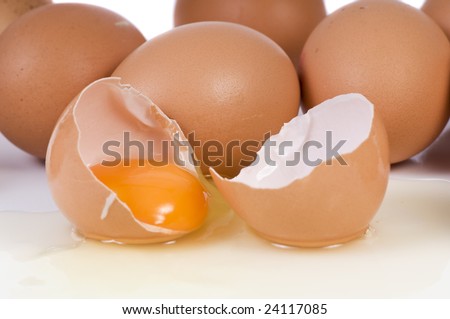 A broken egg with the yolk in the half shell