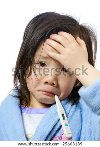 stock photo A young asian girl with a thermometer not feeling very well