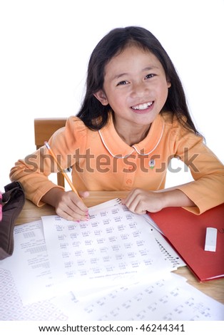 stock photo a young Asian school girl ready for school