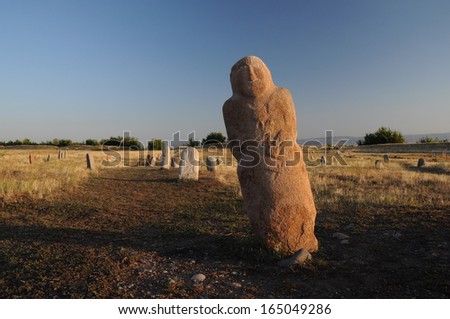 Historical stone sculptures a near Old Burana tower located on famous Silk road, Kyrgyzstan