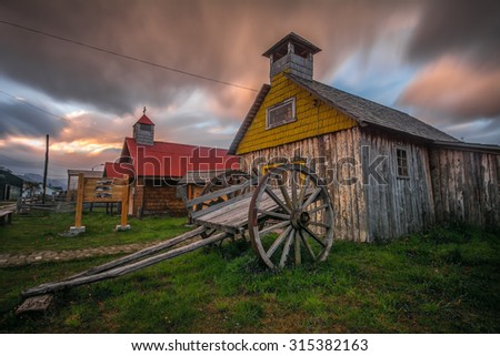 Old wooden chapel at night, Remote village Villa O\'Higgins, Carretera Austral road, Patagonia, Chile