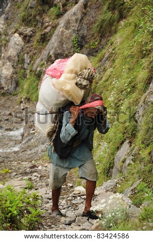 ANNAPURNA AREA, NEPAL - OCTOBER 1: Man carries heavy load during the main season on the famous Annapurna trail on October 1, 2010. The majority of the local population are descendant of Tibetan.